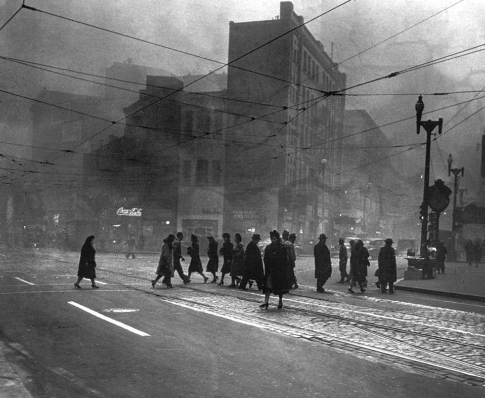 Smoke-filled downtown Pittsburgh in the early 1940s.