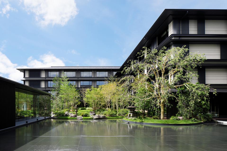 A central pool with trees, stones and flowers that change seasonally