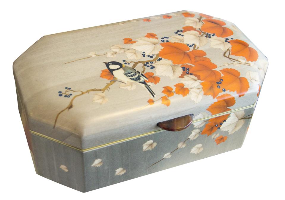 A beautiful jewelry box with a painting of a bird and flowers.