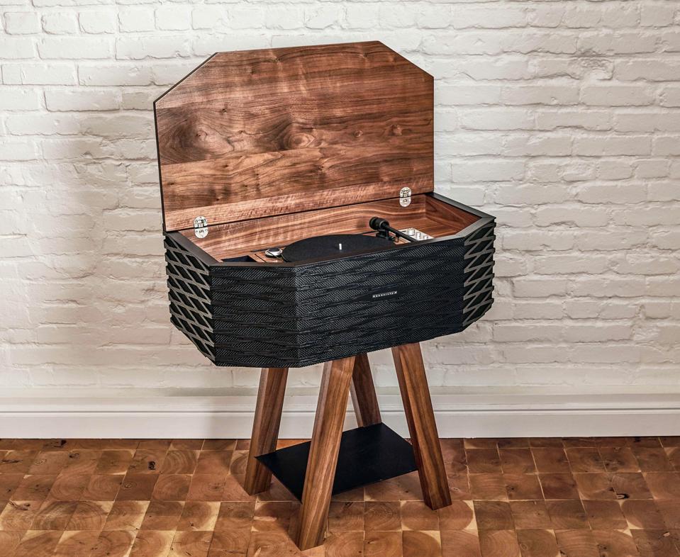 A wooden speaker system.