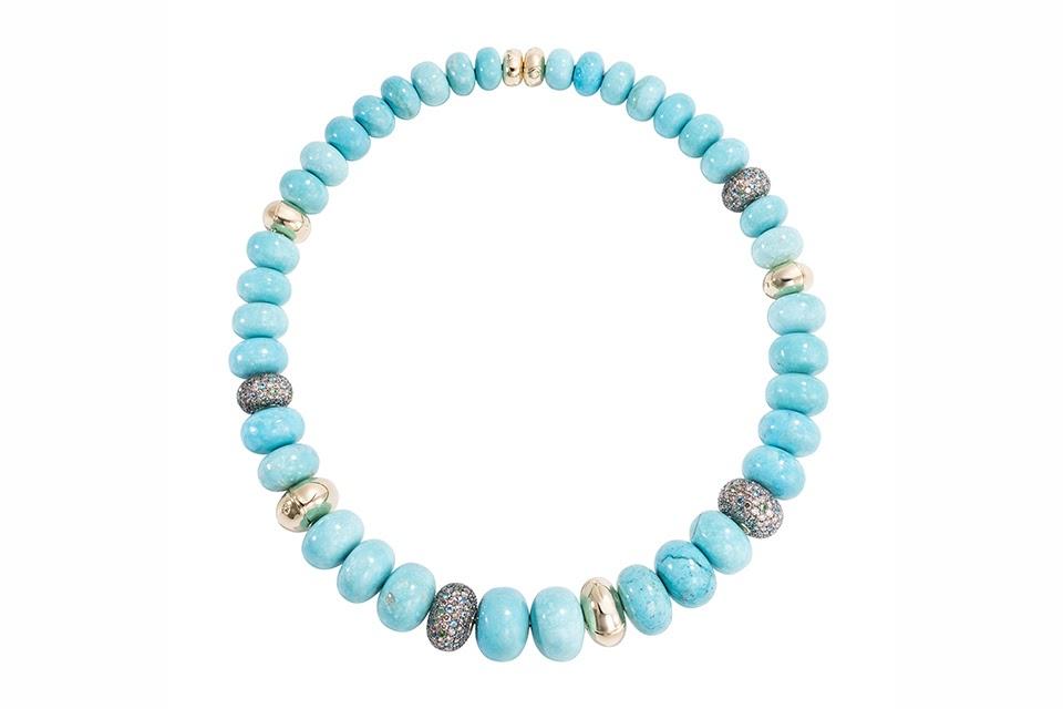 John Hardy Cinta Bamboo Ayung necklace in 18K yellow gold with 595 carats Sleeping Beauty turquoise, 9.72 carats brown diamond, 4.45 carats blue topaz, 1.82 carats tsavorite, and .74 carats Paraíba tourmaline, price on request, johnhardy.com