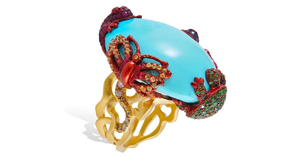 Lydia Courteille Rainbow Warrior ring in 18K yellow gold with turquoise, brown diamond, and fancy sapphire, price on request, lydiacourteille.com