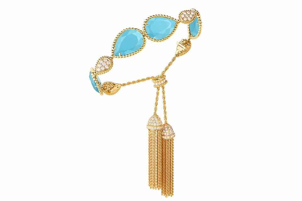 Lydia Courteille Rainbow Warrior ring in 18K yellow gold with turquoise, brown diamond, and fancy sapphire, price on request, lydiacourteille.com