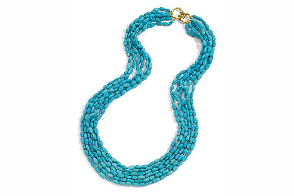 Mish Fine Jewelry Turquoise Nugget Waterfall necklace in 18K gold with 320 grams turquoise and brown diamond, price on request, mishnewyork.com