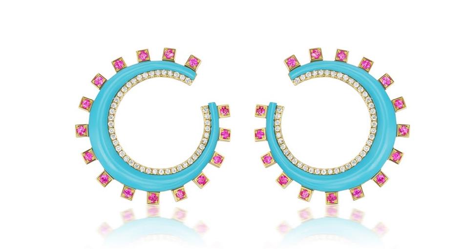 Sorellina Monroe Crescent earrings in 18K gold with turquoise, .60 carats pink sapphire, and .60 carats diamond, $6,000, sorellinanyc.com