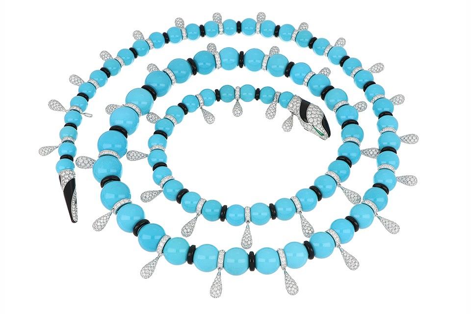 Bulgari Serpenti high-jewelry necklace in 18K white gold with 77 turquoise beads, onyx, emerald, and diamond, price on request, bulgari.com