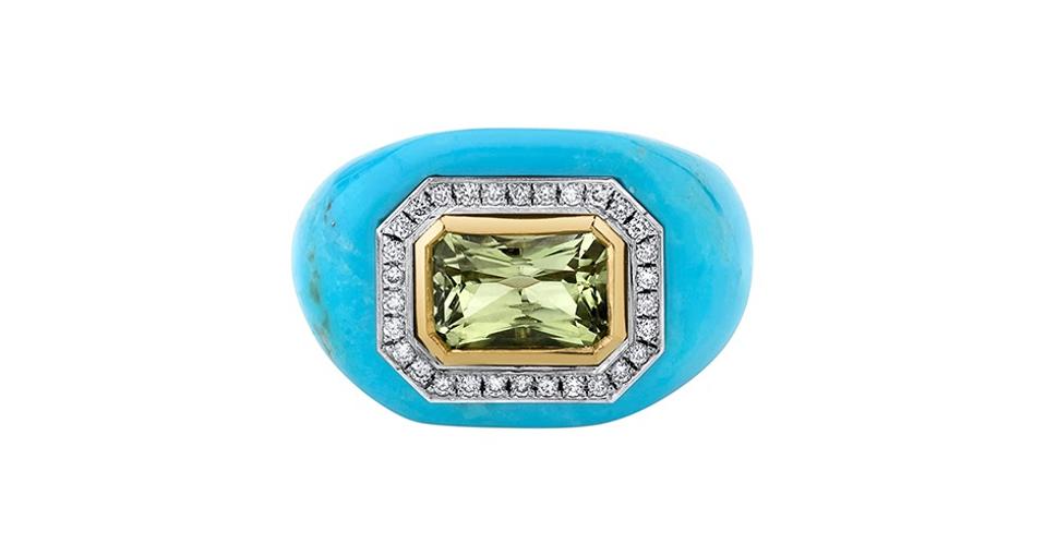 Emily P. Wheeler Chubby ring in 18K yellow and white gold with turquoise, a 2.28-carat yellow chrysoberyl, and .17 carats diamond, $8,000, emilypwheeler.com