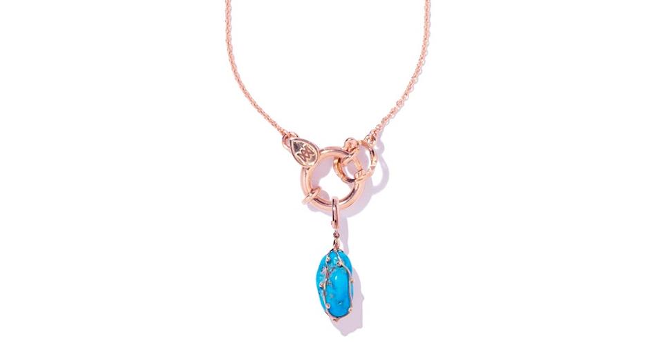 Milamore Kintsugi charm in 18K yellow gold with turquoise, $750, and Azuki chain in 18K yellow gold, $1,300, milamorejewelry.com