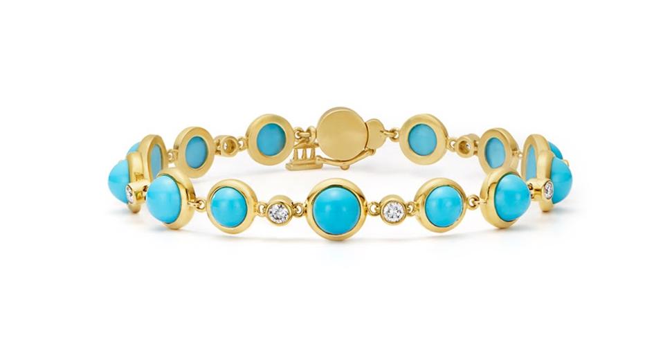 Temple St Clair Single Round bracelet in 18K gold with 18.2 carats turquoise and .59 carats diamond, $6,750, templestclair.com
