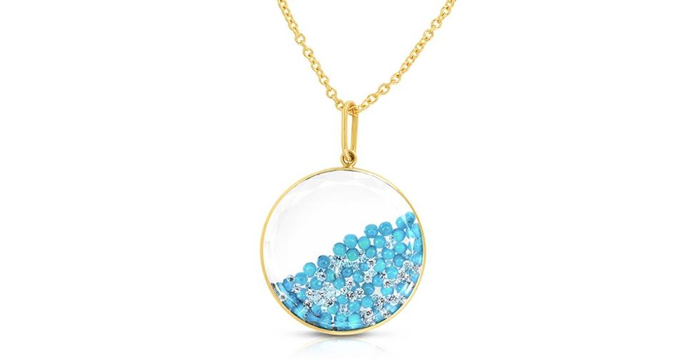 Mortiz Glik Shaker pendant in 18K gold with 2 carats turquoise and .85 carats diamond, $5,300, moritzglik.com