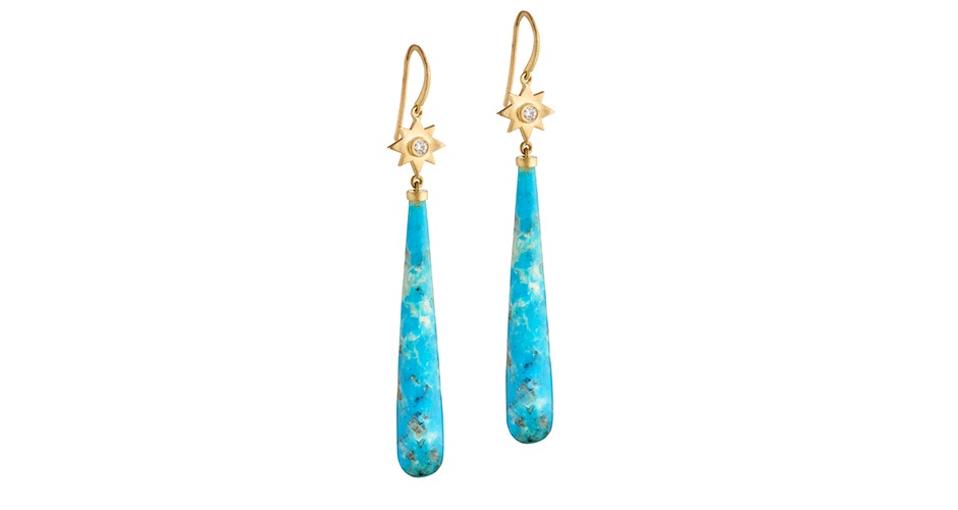 Elizabeth Moore Celestial drop earrings in 18K yellow gold with Kingman turquoise and .68 carats diamond, $1,450, elizabethmoore.com