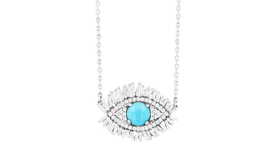 Suzanne Kalan Full Evil Eye Fireworks pendant in 18K white gold with a 6mm Sleeping Beauty turquoise and .60 carats diamond, $3,200, suzannekalan.com