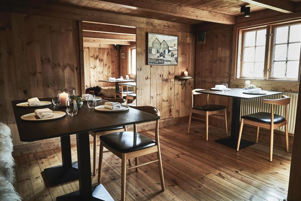 The dining room at KOKS restaurant in the Faroe Islands is rustic but the food is not