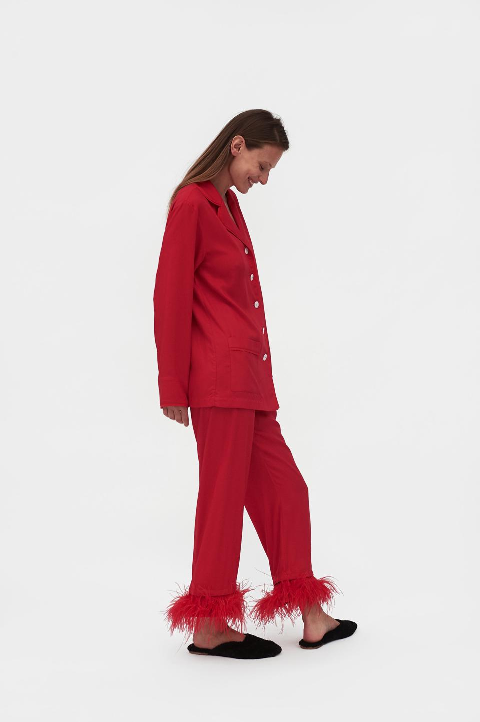 Sleeper's Iconic Party Pajama set with detachable ostrich feathers.