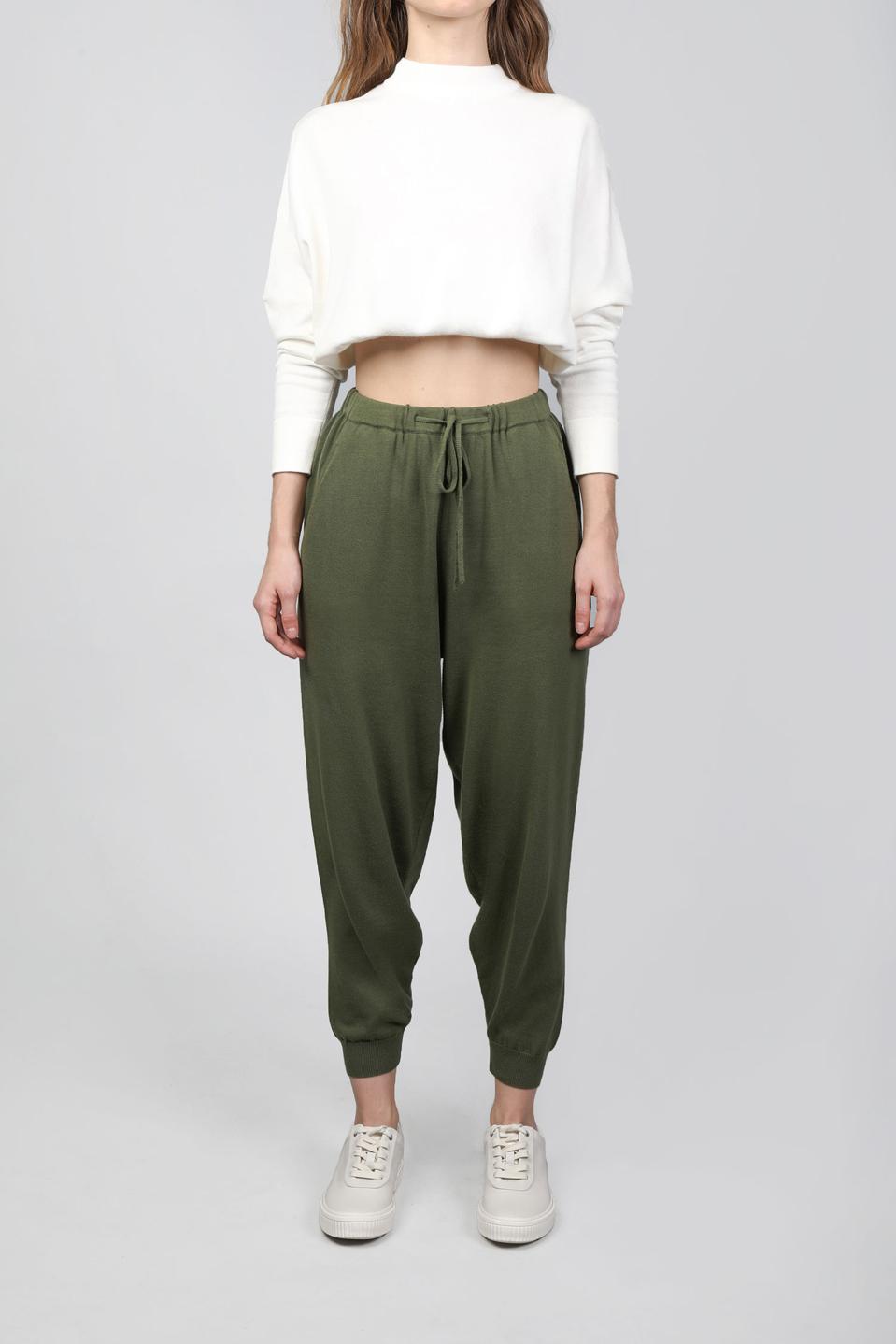 A classic white cropped sweater and joggers in a shade of pine from PATTON STUDIO