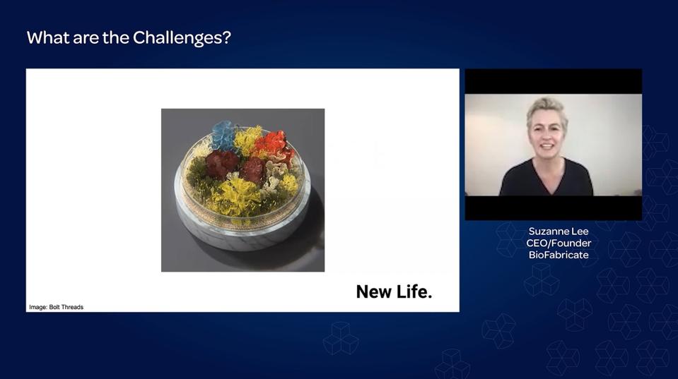 A petri dish of gauze-like colored mushrooms and a white woman speaking.