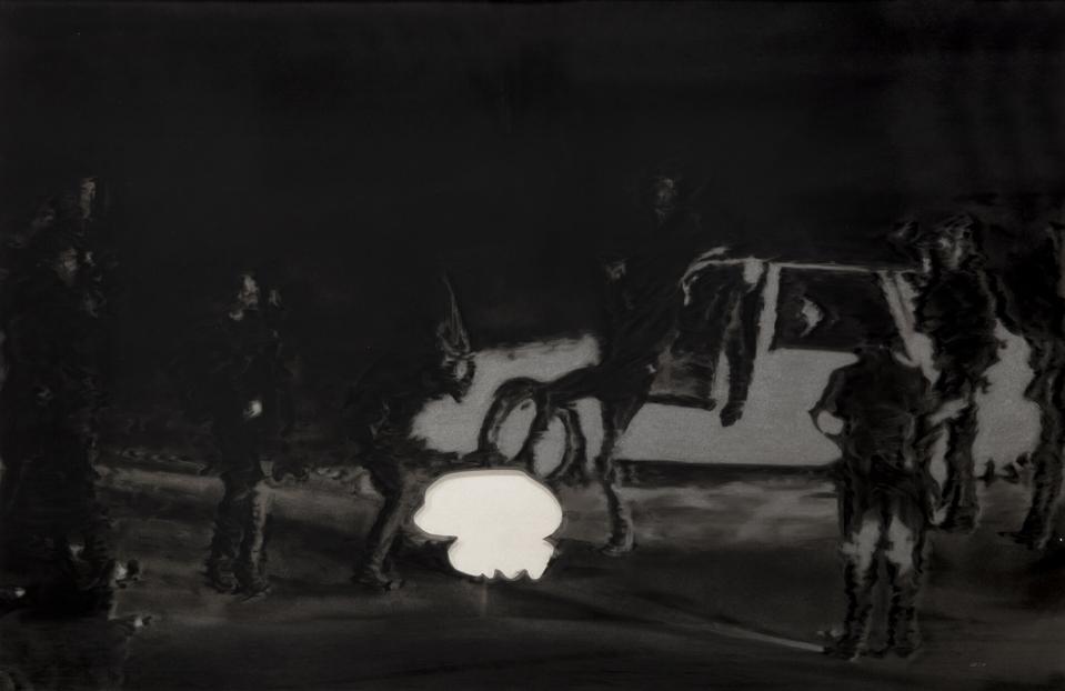 Shaun Leonardo 'Rodney King,' 2017. Charcoal on paper, with mirrored tint on frame, 30 x 45 in.