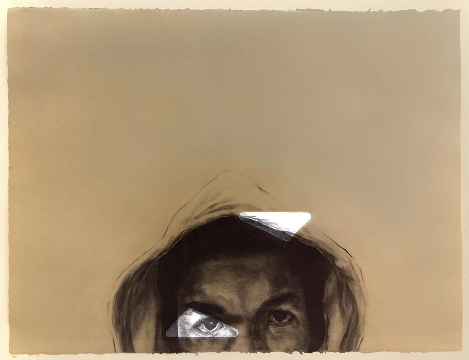 Shaun Leonardo, 'Trayvon,' 2014-2017. Charcoal on paper, with mirrored tint on frame, 22 ½ x 30 in.