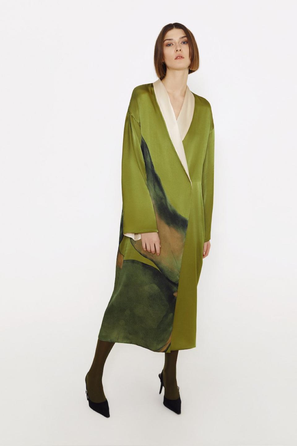 Silk reversible Muse robe with artwork by Alina Zamanova from LESSLESS