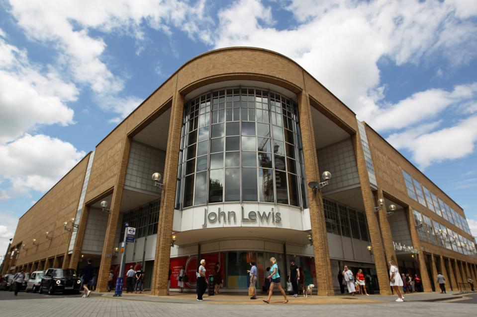 John Lewis with a blue sky. Essential retail opens in the UK.