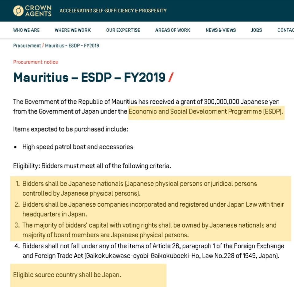 Only Japanese companies were eligible to provide the Fast Patrol boats needed patrolling Mauritian waters