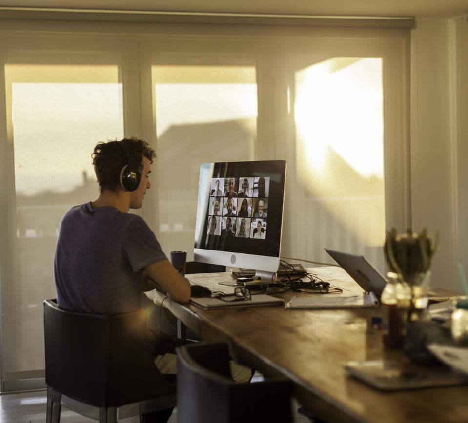 Startup employee working remotely and on a video call
