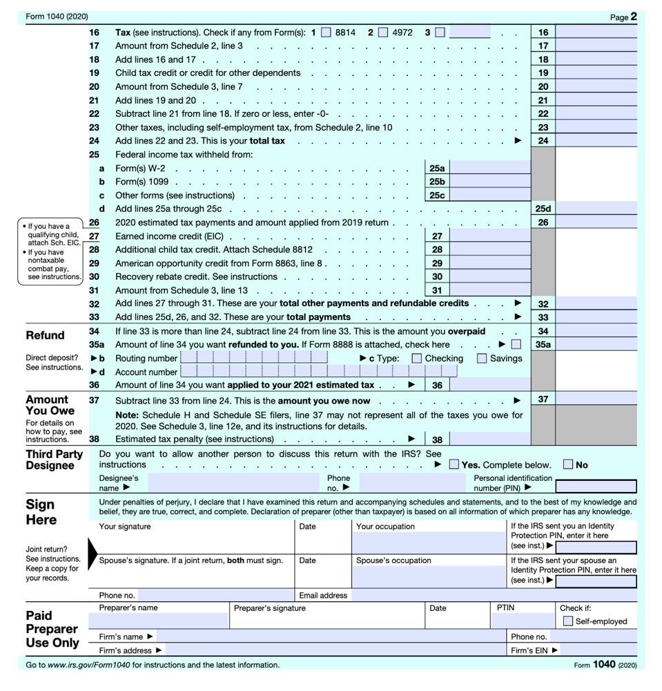 Form 1040 For 2020 P2 Form 1040 For 2020 P2