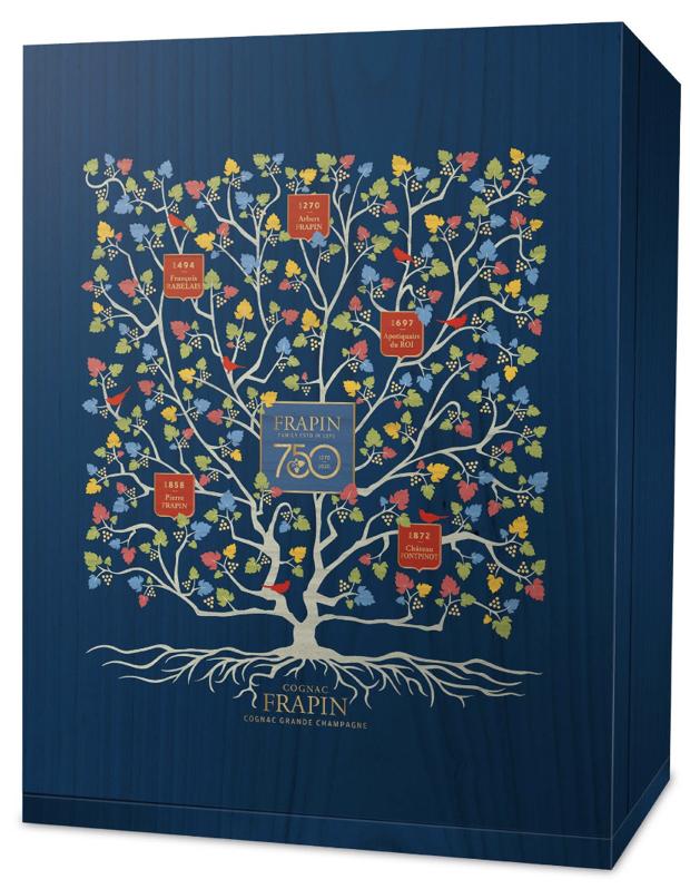 A blue box with a family tree from Cognac Frapin and the 21 generations.
