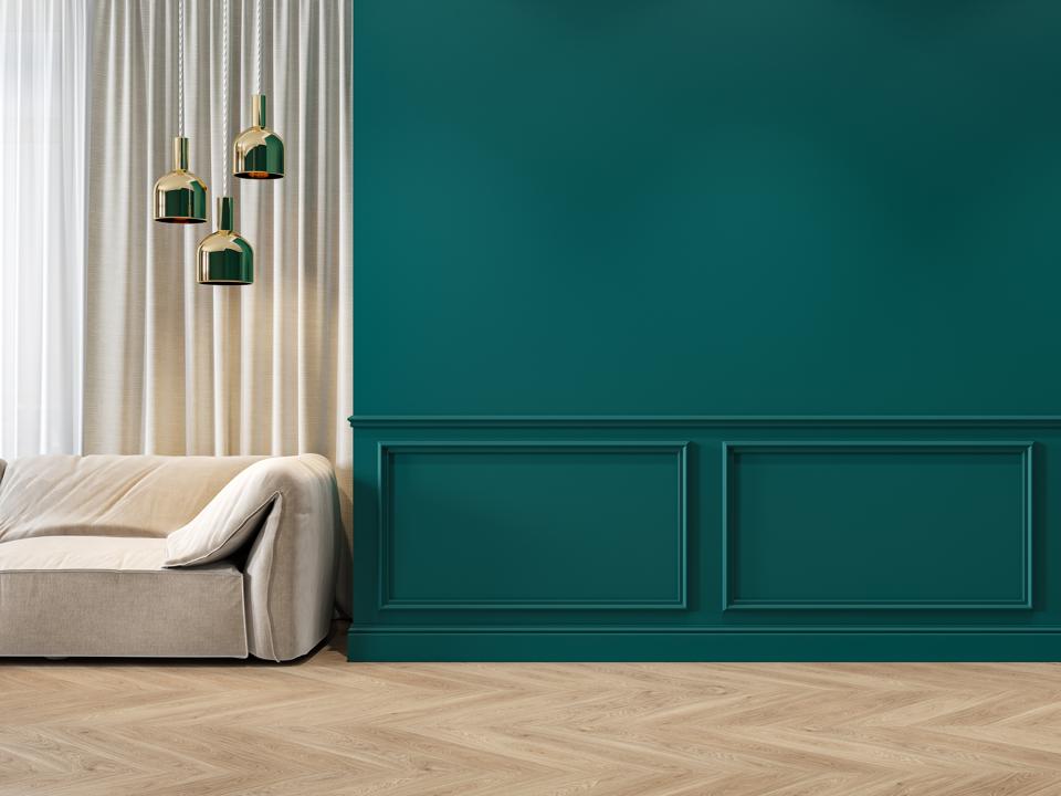 Modern classic green interior with moldings, sofa, lamps, curtains and wood floor. 3d render illustration mock up.