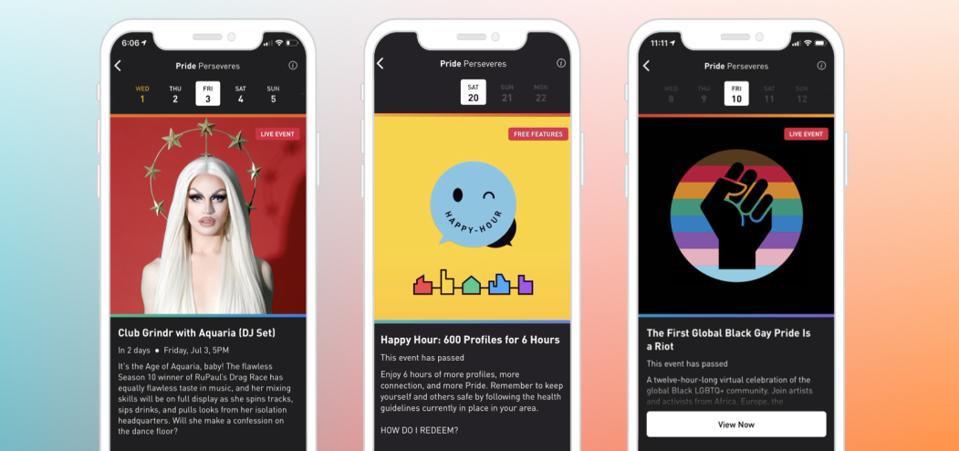Three screenshots of events hosted by Grindr during Pride month, featuring a drag queen DJ, a happy hour, and Black Gay Pride.