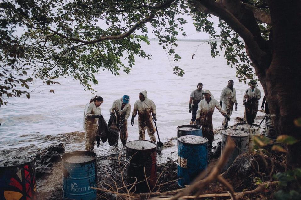 Even though oil is cleaned, it reappears within two or three days, revealing how much oil is still saturated in the silt and sand along the coastline