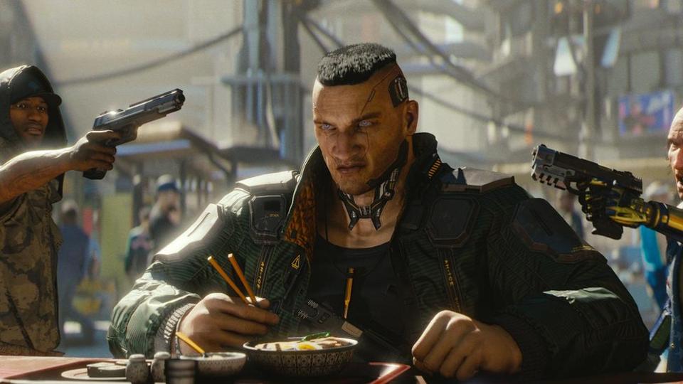 Cyberpunk 2077 criminal held at gunpoint while eating ramen