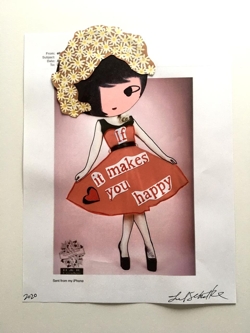 A collage of a cartoon named Phoebe wearing a dress with letters saying ″if It Makes You Happy.″