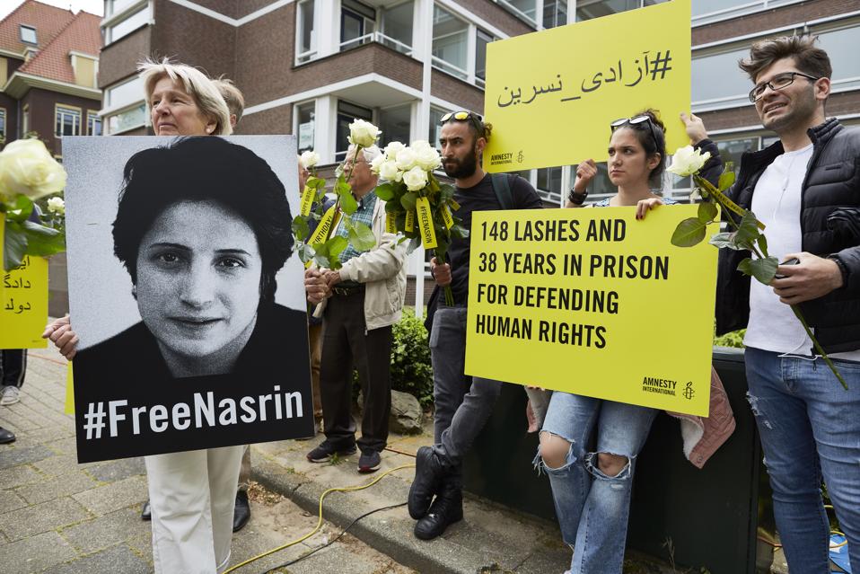Supporters Of Jailed Human Rights Lawyer Protest At Iranian Embassy In The Hague