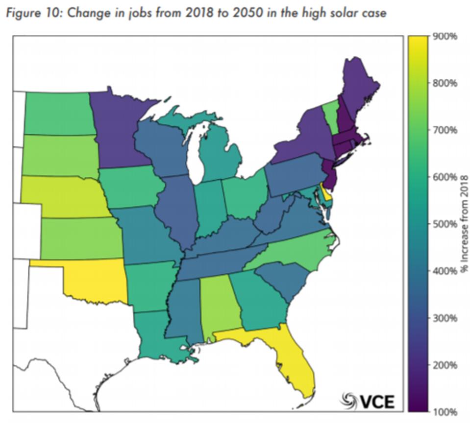 Map of Eastern U.S. showing percentage increase in jobs with New England and Minnesota getting the most new jobs.