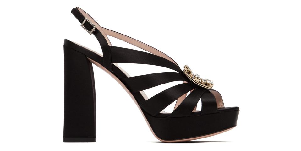 Crystal-Buckle Satin Platform Sandals by Roger Vivier: