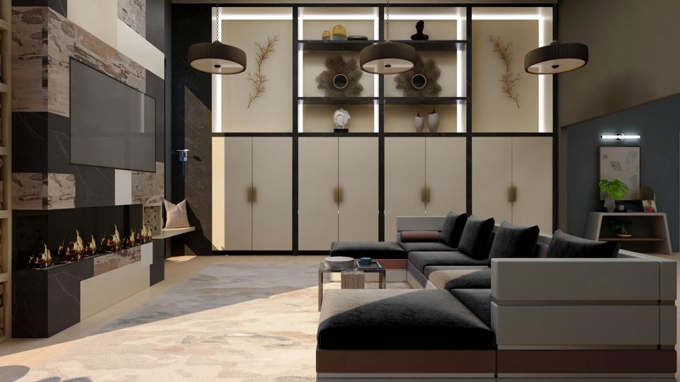 Family room with fireplace and storage.