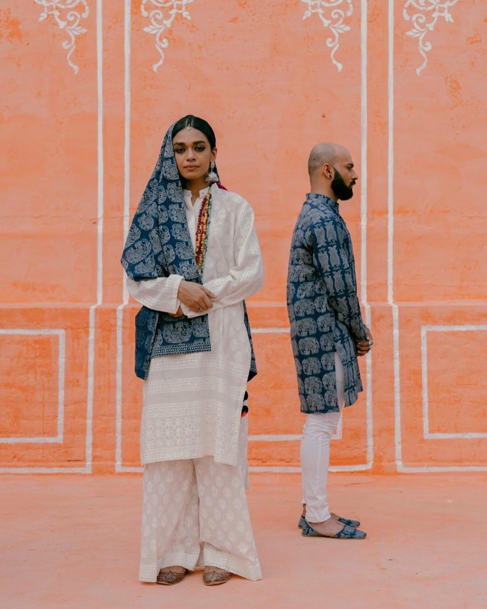 Models in block print Aman Kay Rang ensembles.
