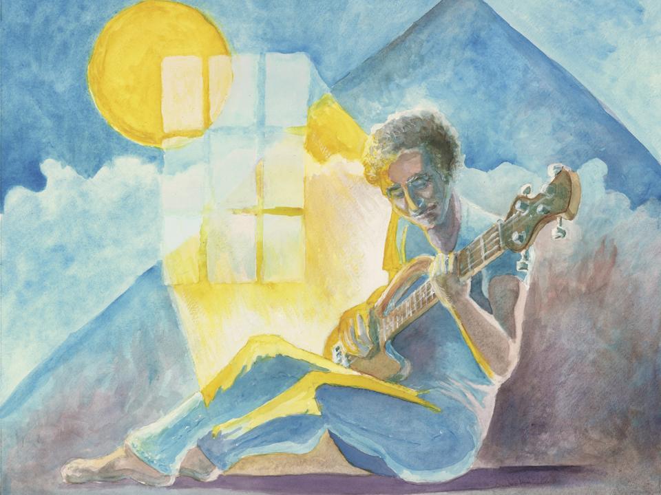 A watercolor painting of a man playing th bass guitar in front of a blue sky.