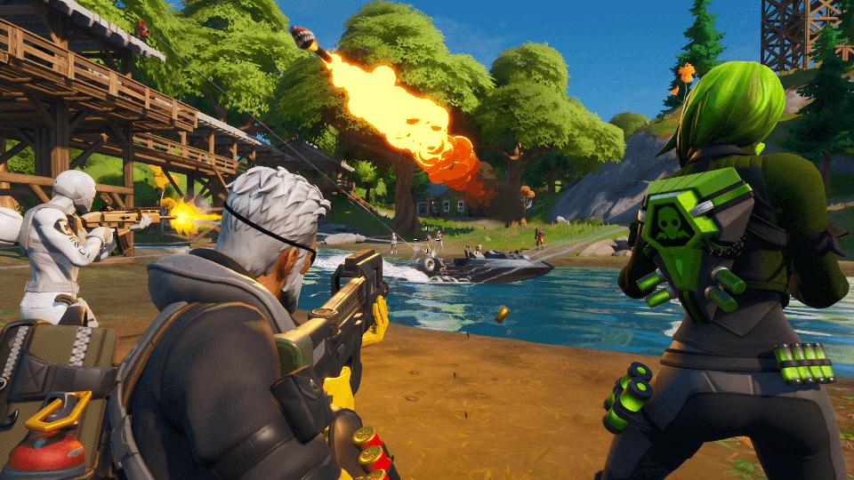Fortnite players shoot a boat.