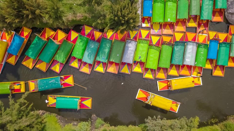 Beautiful aerial view of the canals of Xochimilco in Mexico City