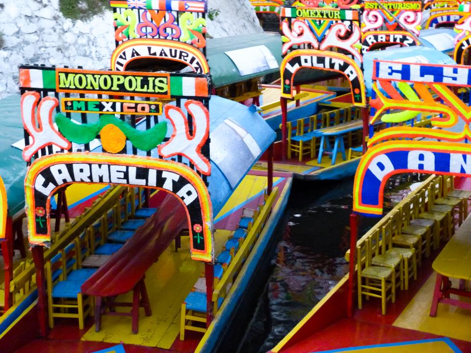 View of Trajinera boats in Xochimilco, Mexico DF