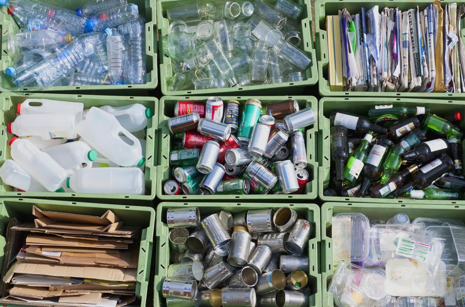 Close up of organized recycling bin