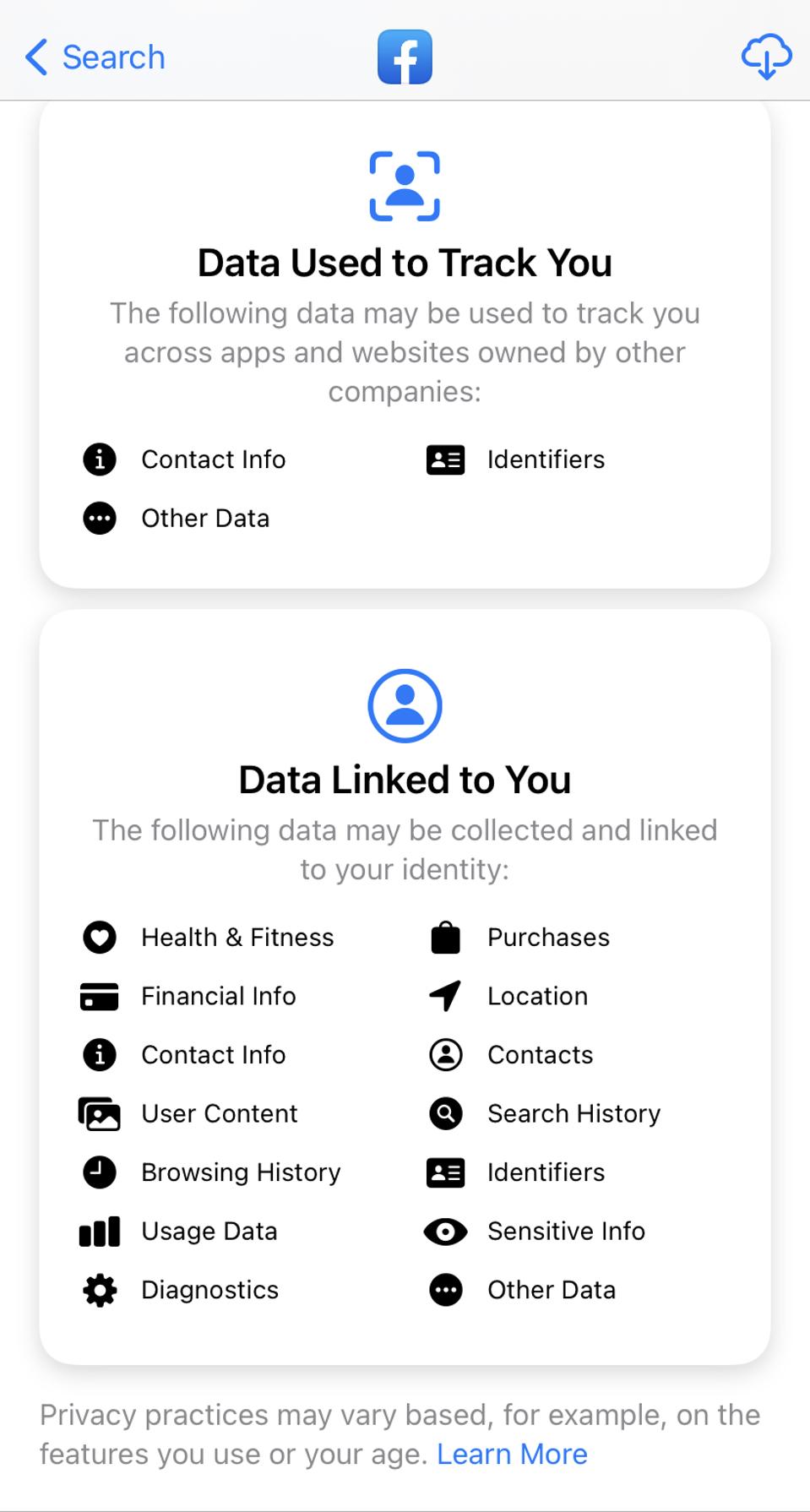 Apple app privacy label Facebook data used to track you
