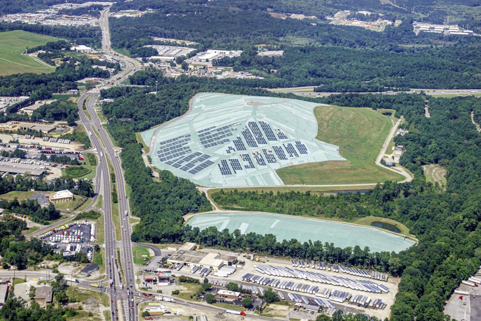 Georgia, Atlanta, aerial view from aircraft window, Hickory Ridge Landfill, Exposed Geomembrane Solar Cover, EGSC, Carlisle Energy Services