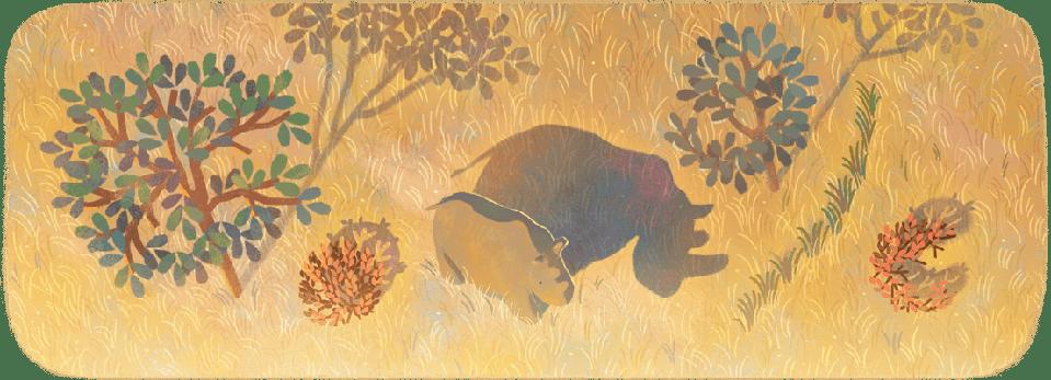 Color illustration of a rhino standing in a savanna landscape