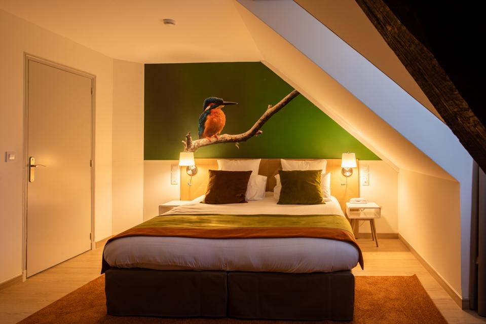 The hotel room at Le Maison Tatin in France's Loire Valley has a large photo of a bird