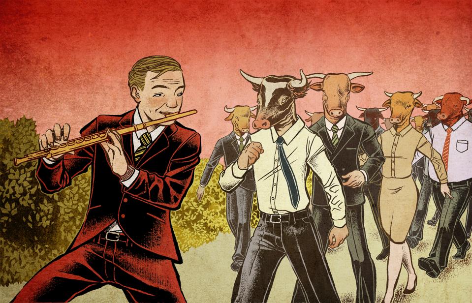 Businessman as pied piper playing flute while stock traders following the tune