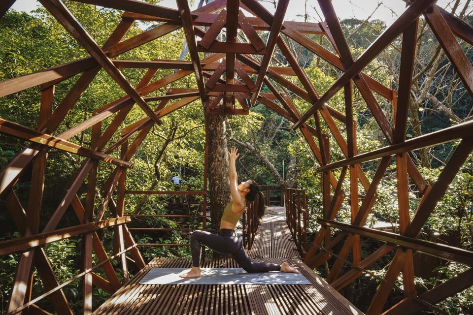 A woman does yoga amid the treetops at the Treeful Treehouse EcoResort in Okinawa, Japan