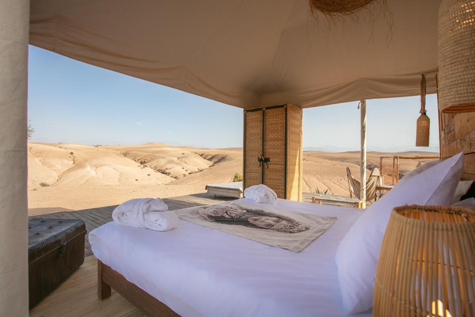 The tents at the luxury Inara Camp near Marrakech, Morocco, have views over the desert